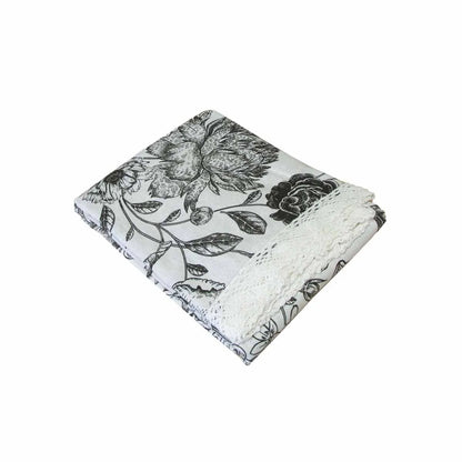 Botanical Printed Premium 60% Cotton 40% Linen Table Cloth with White Lace Edging 140 x 180 cm / 4 Seater