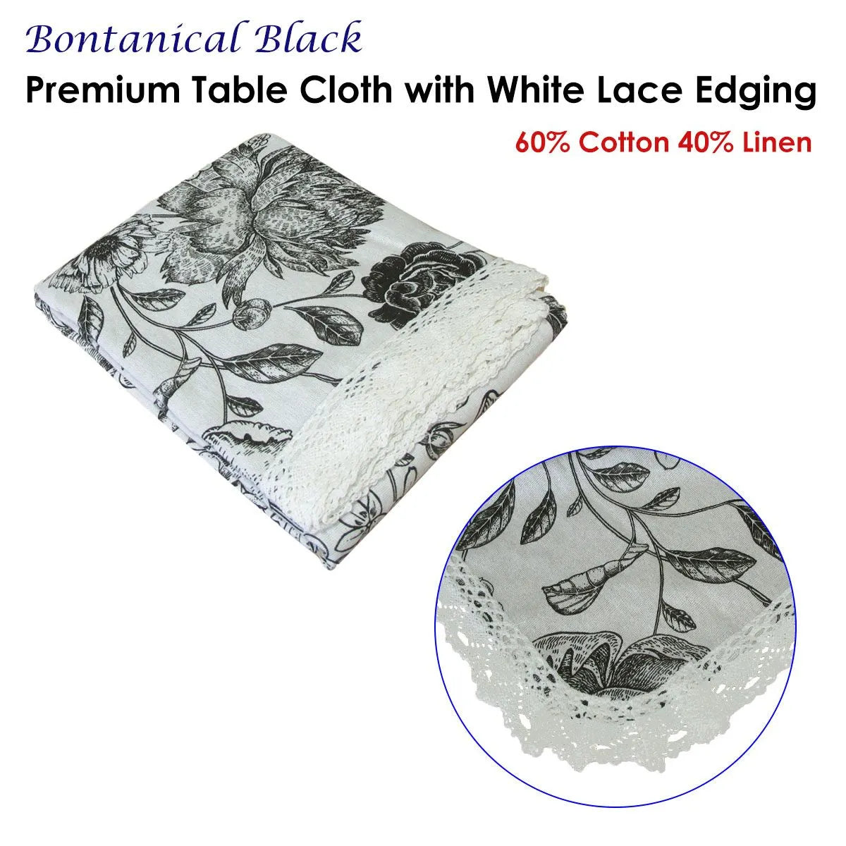 Botanical Printed Premium 60% Cotton 40% Linen Table Cloth with White Lace Edging 140 x 180 cm / 4 Seater - Image 2