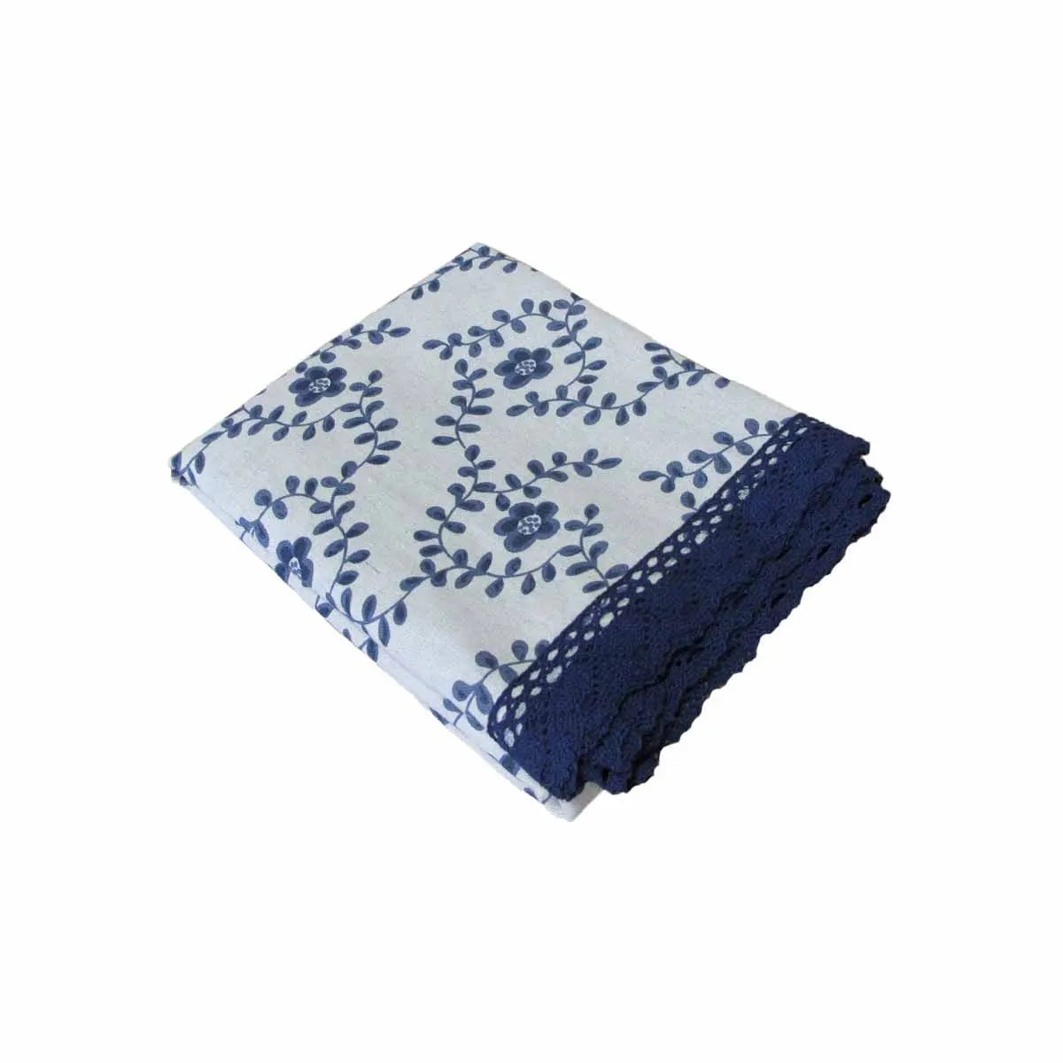Floral Printed Premium 60% Cotton 40% Linen Table Cloth with Navy Lace Edging 140 x 180 cm / 4 Seater