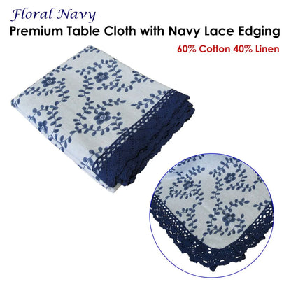 Floral Printed Premium 60% Cotton 40% Linen Table Cloth with Navy Lace Edging 140 x 220 cm / 6 Seater - Image 2