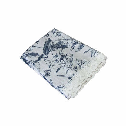 Vintage Flowers Printed Premium 60% Cotton 40% Linen Table Cloth with White Lace Edging 140 x 180 cm / 4 Seater