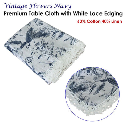 Vintage Flowers Printed Premium 60% Cotton 40% Linen Table Cloth with White Lace Edging 140 x 180 cm / 4 Seater - Image 2