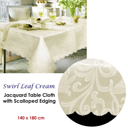 Swirl Leaf Cream Jacquard Table Cloth with Scalloped Edging 140 x 180 cm / 4 Seater - Image 2