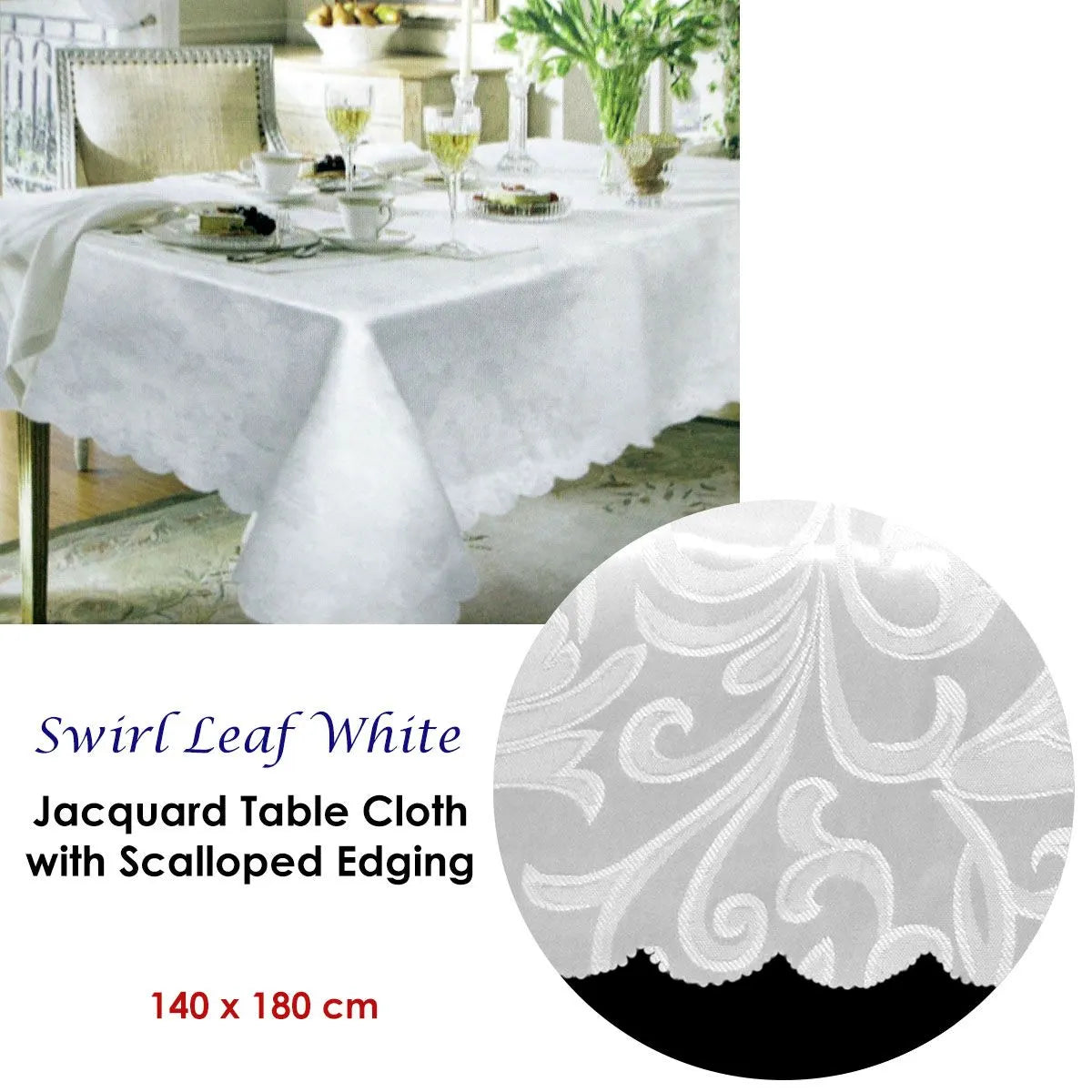 Swirl Leaf White Jacquard Table Cloth with Scalloped Edging 140 x 180 cm / 4 Seater - Image 2