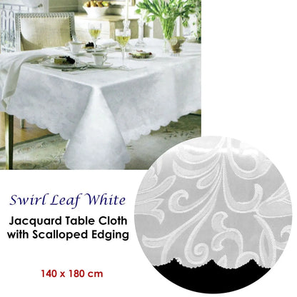 Swirl Leaf White Jacquard Table Cloth with Scalloped Edging 140 x 180 cm / 4 Seater - Image 2