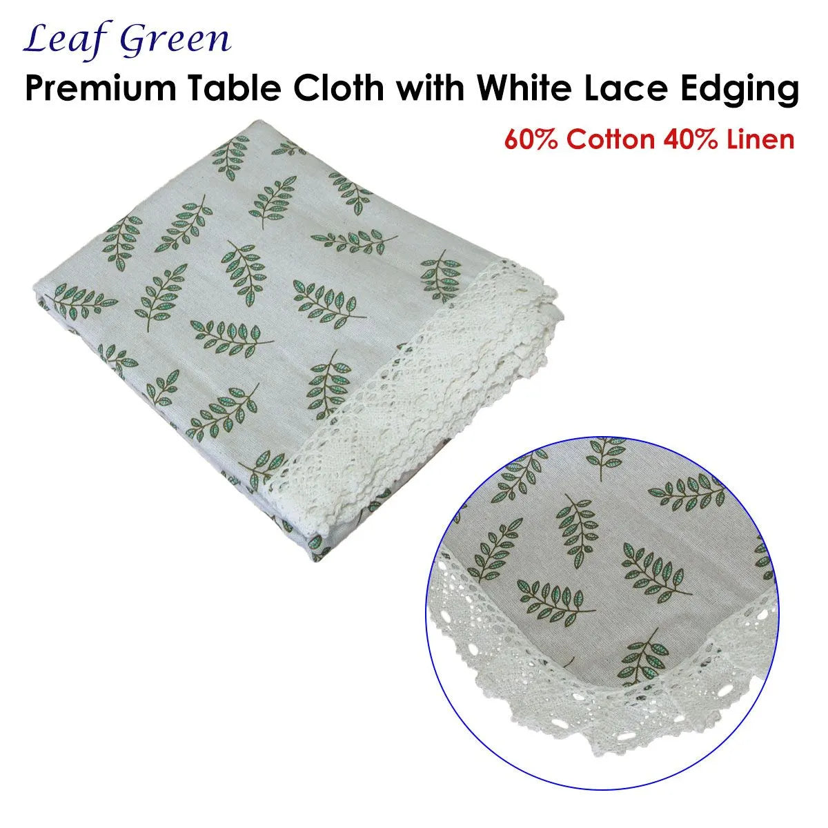 Leaf Printed Premium 60% Cotton 40% Linen Table Cloth with White Lace Edging 140 x 220 cm / 6 Seater - Image 2
