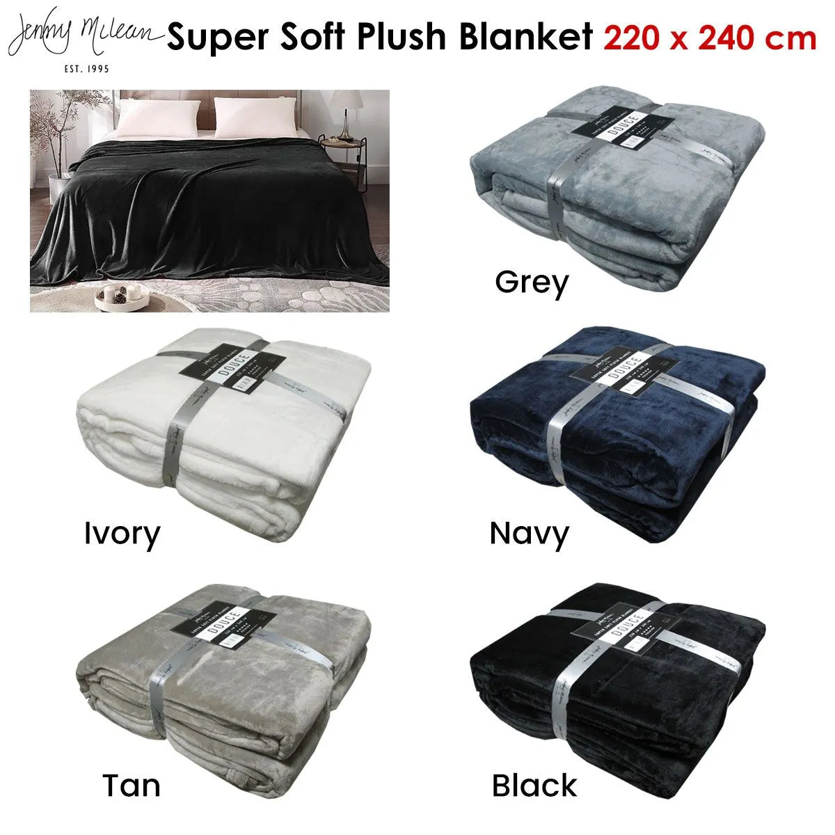 Jenny Mclean 300GSM Douce Super Soft Plush Blanket 220 x 240 cm Grey - Image 2