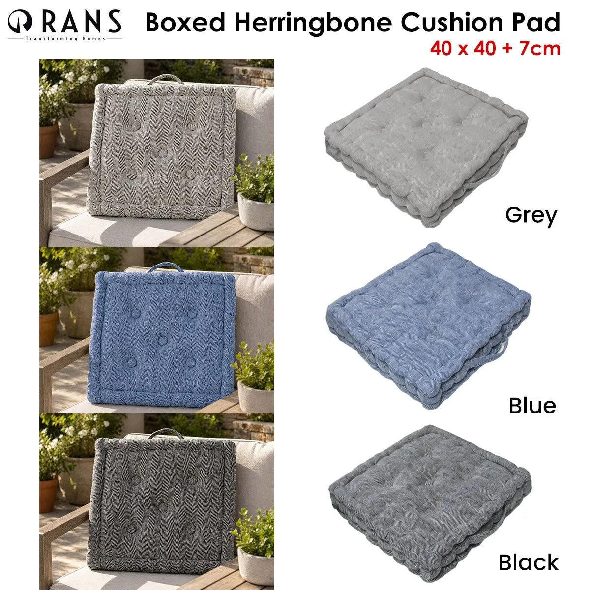 Rans Boxed Herringbone Chair Cushion Pad 40 x 40 + 7 cm Black - Image 2