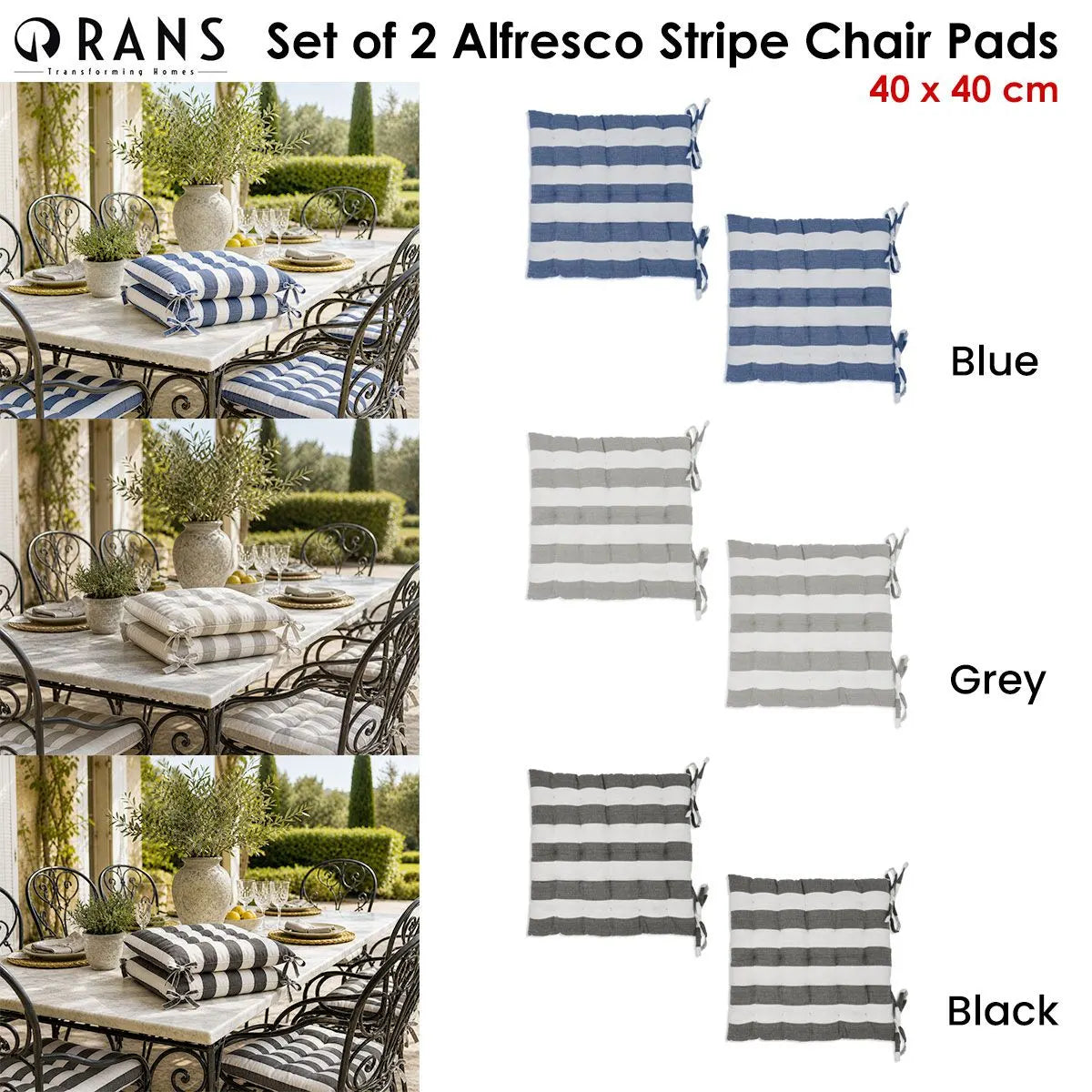 Rans Set of 2 Alfresco Stripe Chair Cushion Pads 40 x 40 cm Blue - Image 2