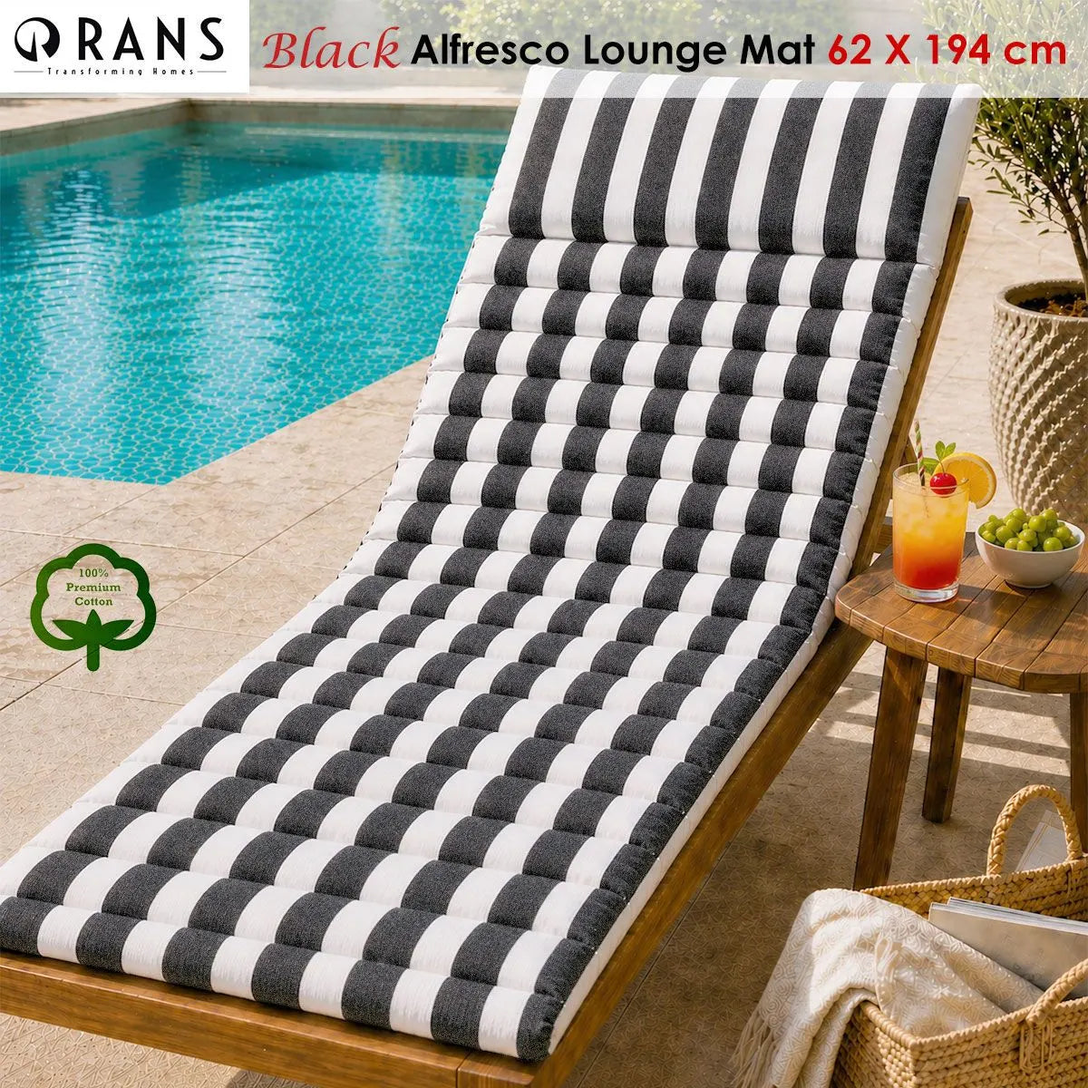 Rans Black Alfresco Cotton Outdoor Indoor Lounge Mat 62 x 194 cm - Image 3