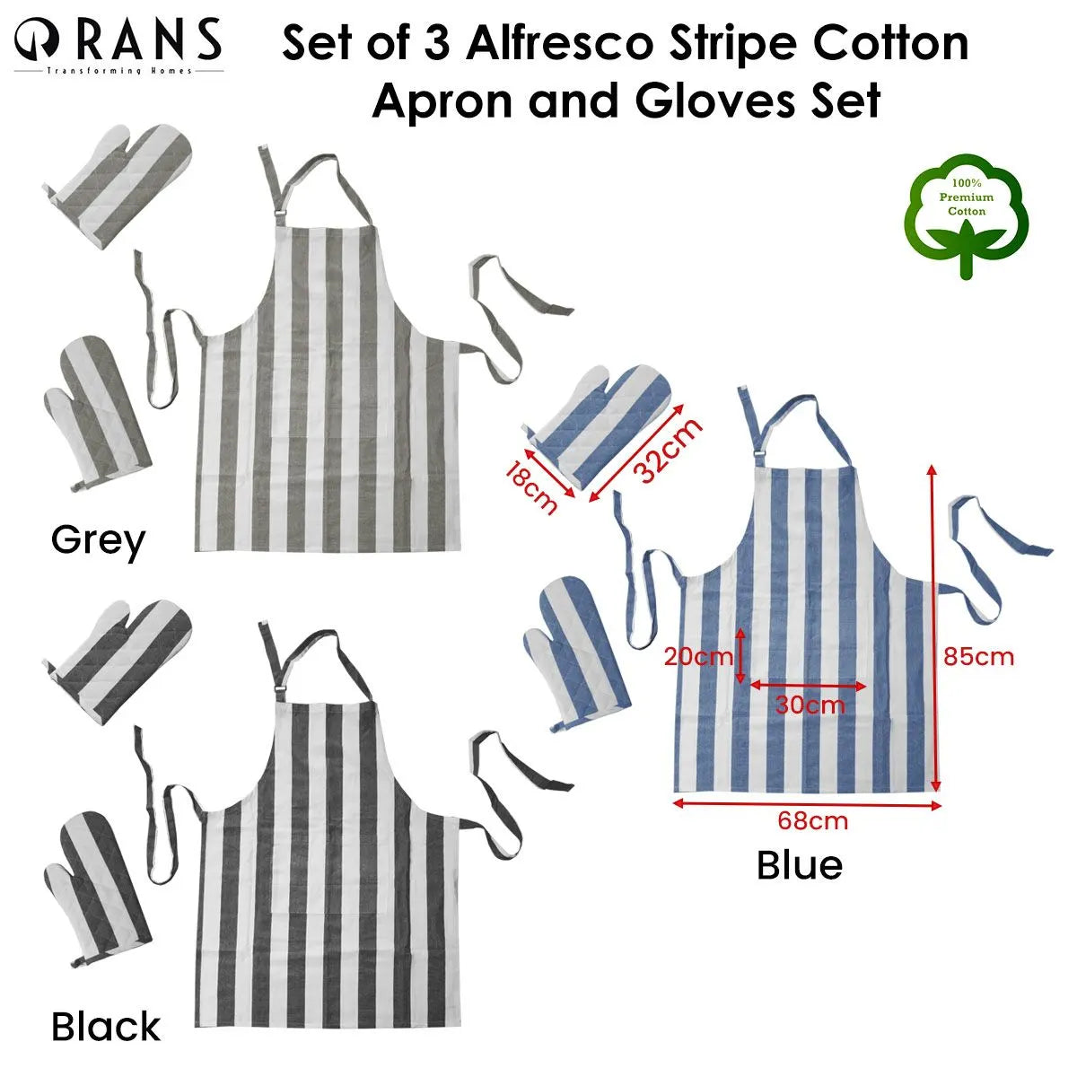 Rans Set of 3 Alfresco Stripe Cotton Apron & Oven Gloves Set Blue - Image 2