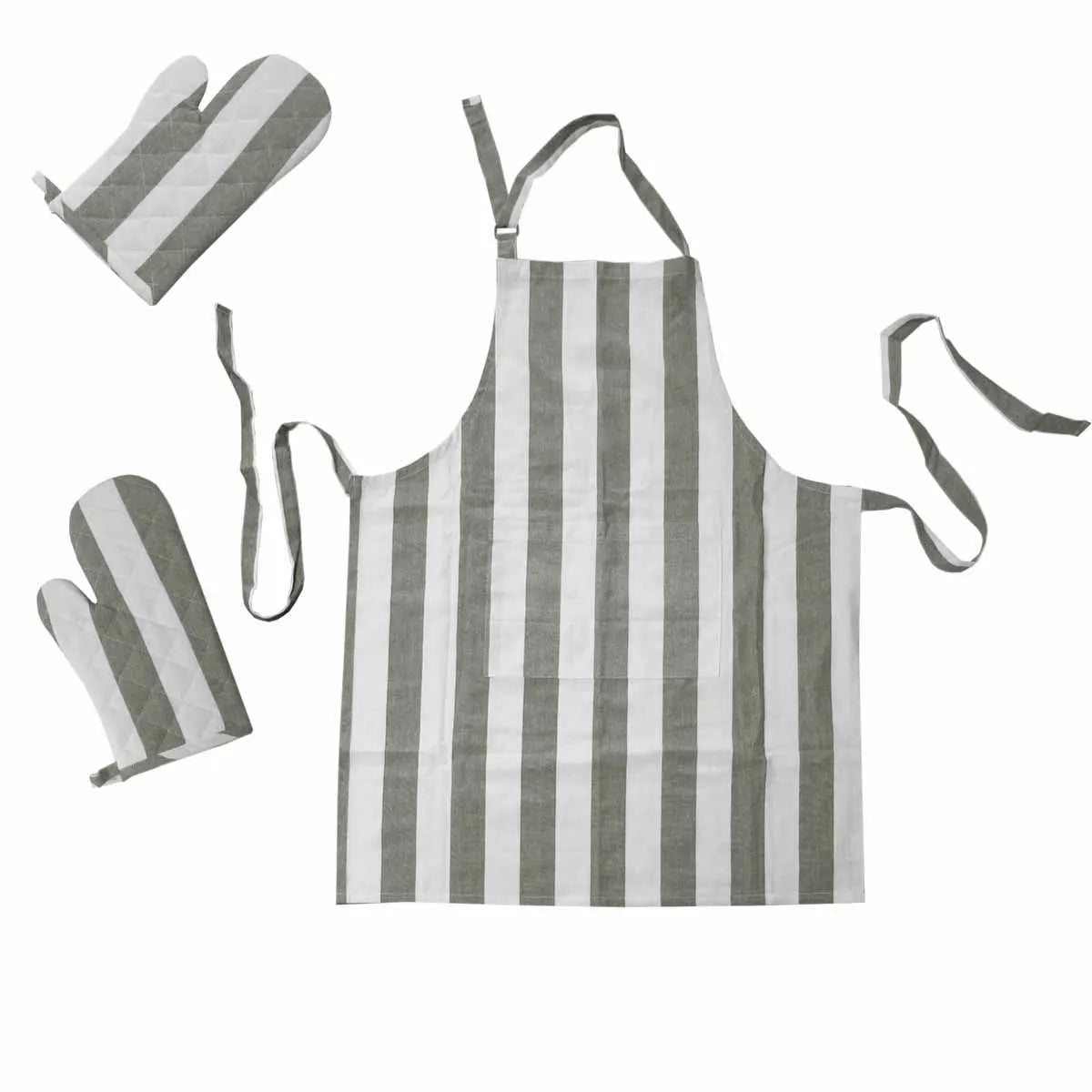 Rans Set of 3 Alfresco Stripe Cotton Apron & Oven Gloves Set Grey