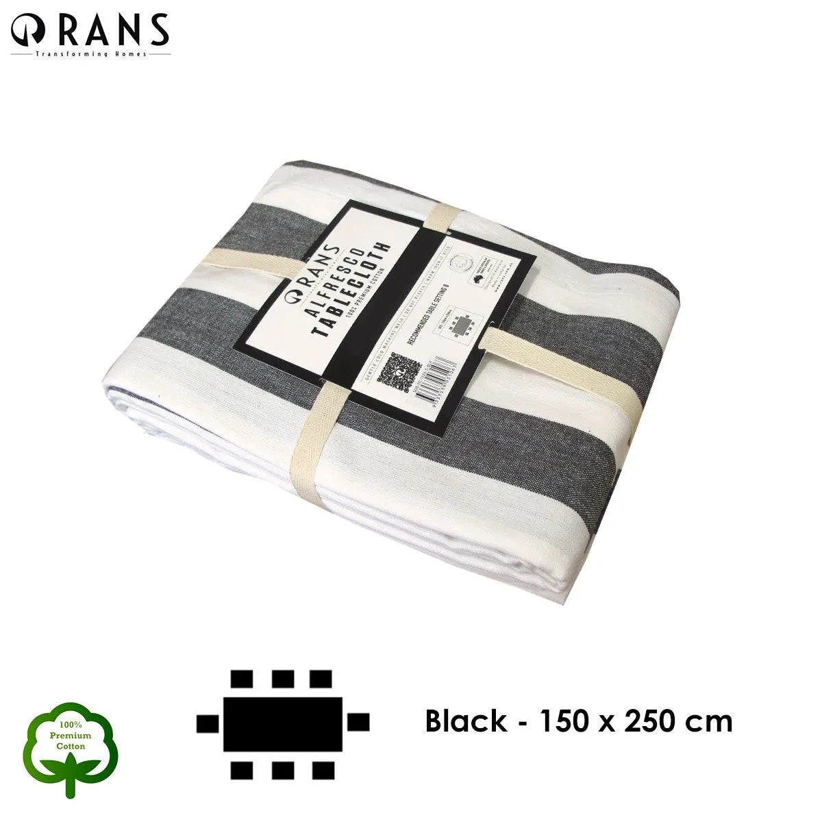 Rans Black Alfresco Stripes Cotton Tablecloth - Choose from 2 sizes 150cm x 250cm - Image 4