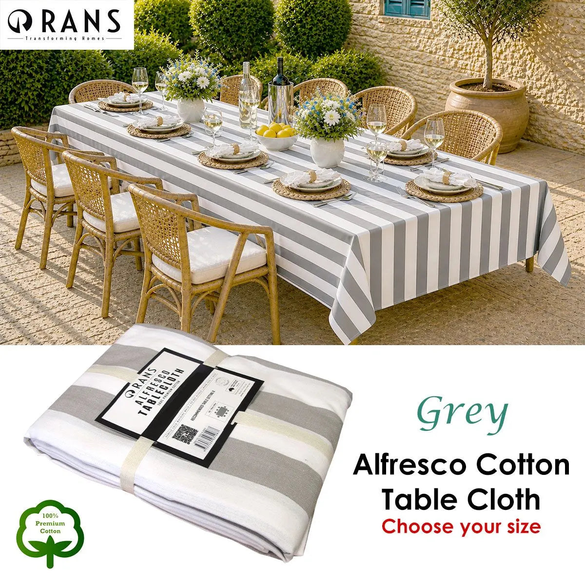 Rans Grey Alfresco Stripes Cotton Tablecloth - Choose from 2 sizes 150cm x 250cm - Image 2