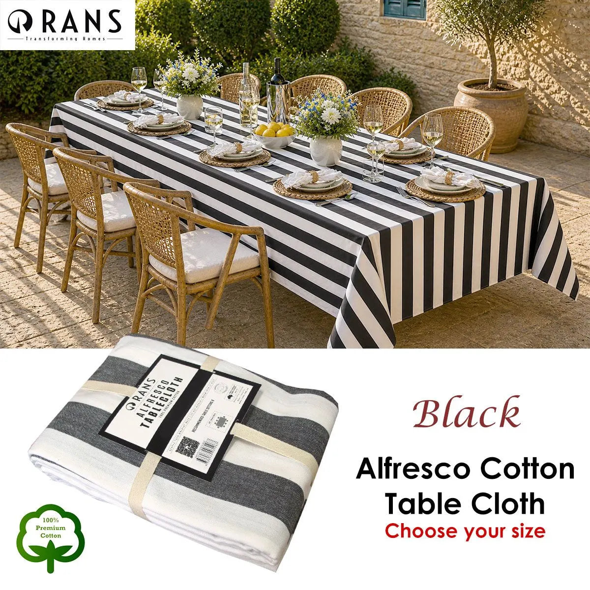 Rans Black Alfresco Stripes Cotton Tablecloth - Choose from 2 sizes 150cm x 300cm - Image 2