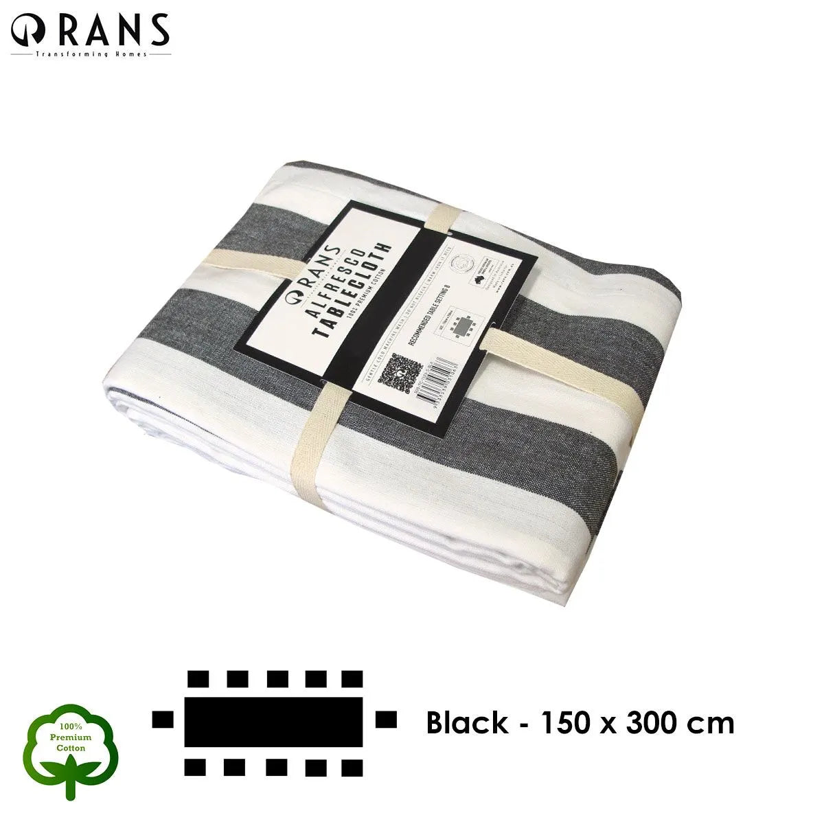 Rans Black Alfresco Stripes Cotton Tablecloth - Choose from 2 sizes 150cm x 300cm - Image 4