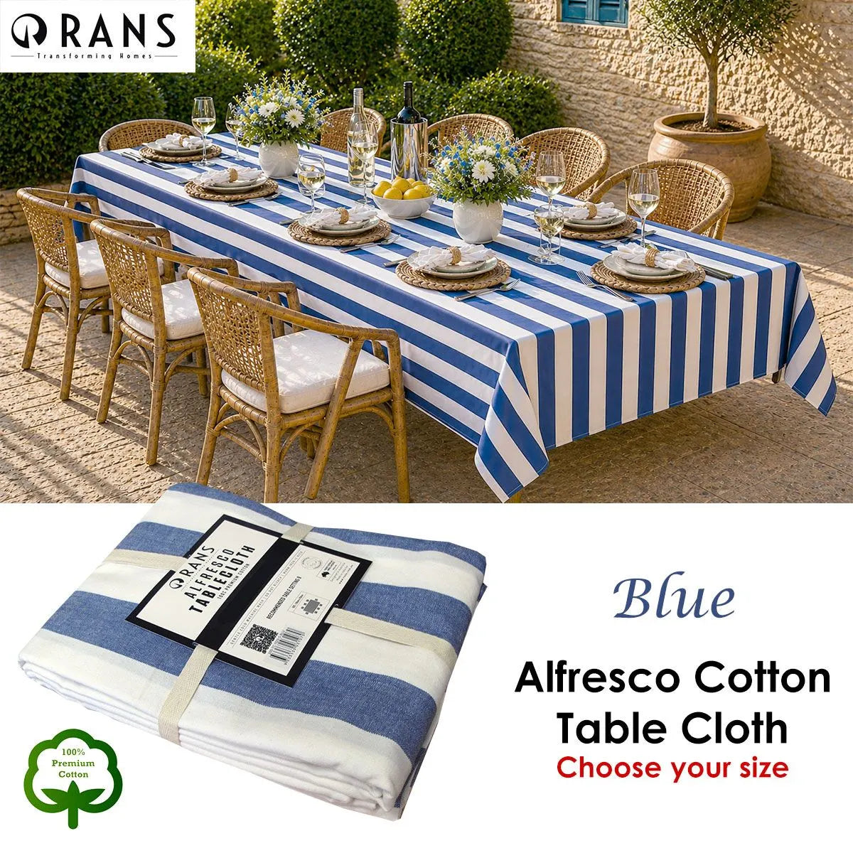 Rans Blue Alfresco Stripes Cotton Tablecloth - Choose from 2 sizes 150cm x 300cm - Image 2
