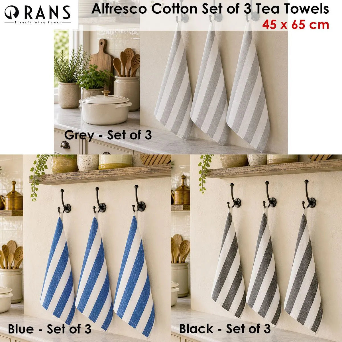 Rans Alfresco Stripes Cotton Set of 3 Tea Towels 45 x 65 cm Grey - Image 2