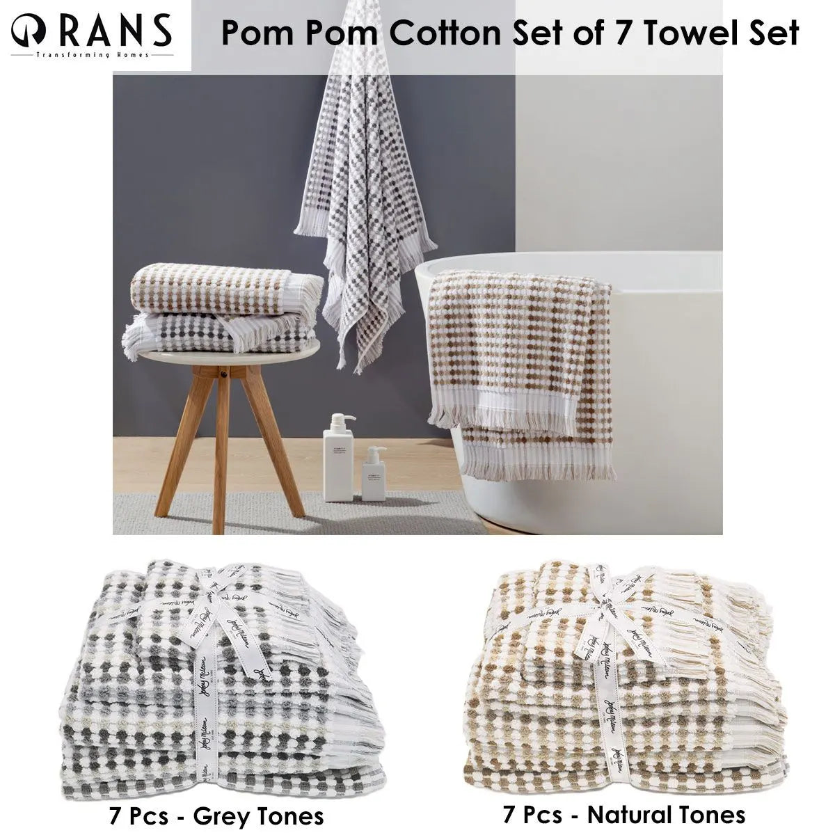 Jenny Mclean Pom Pom Cotton Set of 7 Towel Set Natural Tones - Image 2