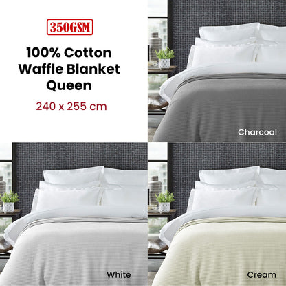 Living @ Home 350gsm 100% Cotton Breathable Waffle Blanket Queen 240 x 255 cm White - Image 2