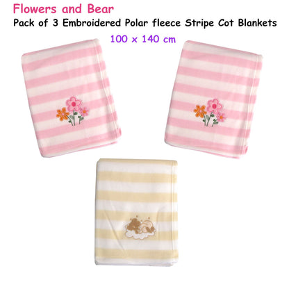 Living Home for Baby Girls Flowers and Bear Pack of 3 Embroidered Polar fleece Stripe Cot Blankets 100 x 140cm - Image 2