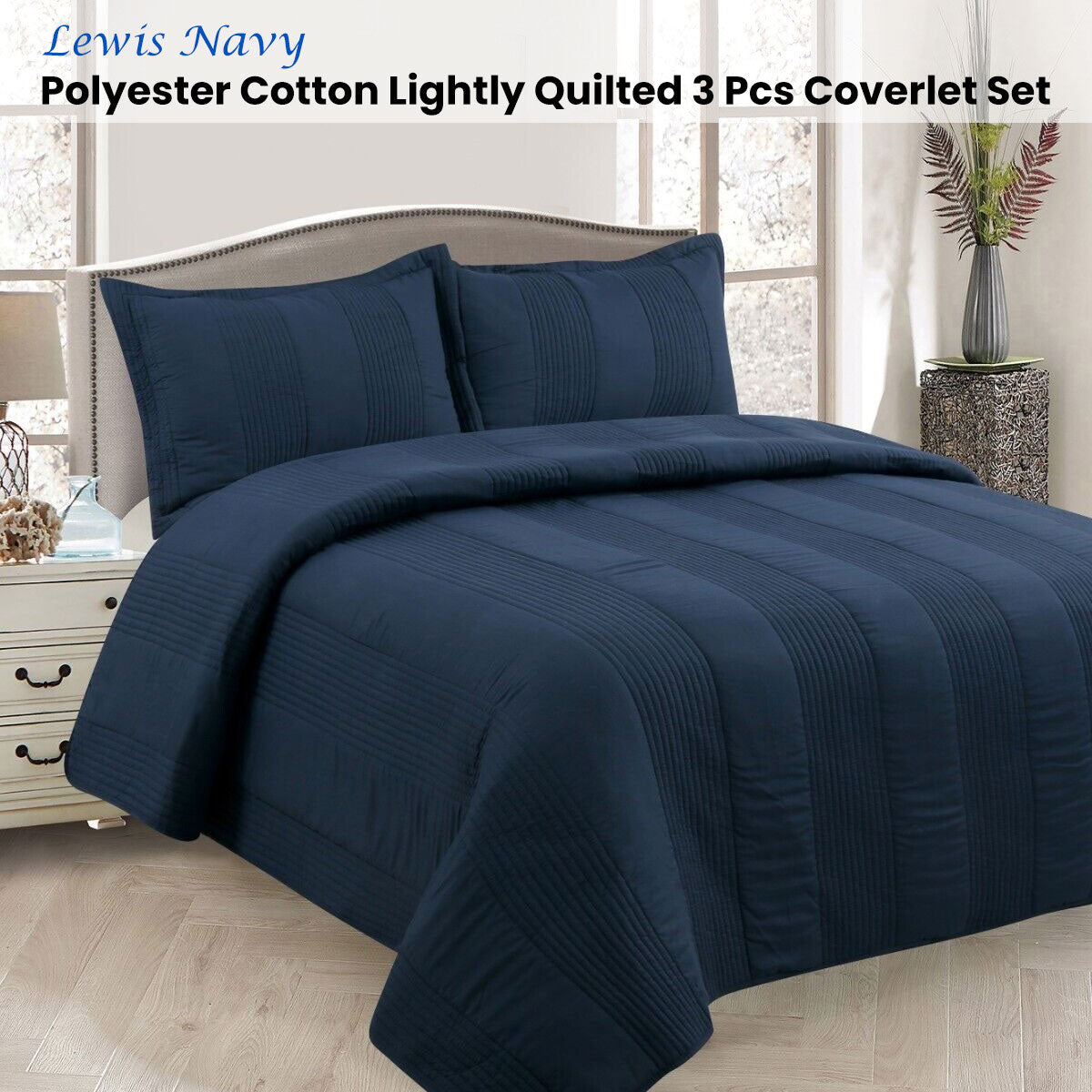 Lewis Navy 3 Pce Lightly Quilted Polyester Cotton Coverlet Set Queen - Image 2