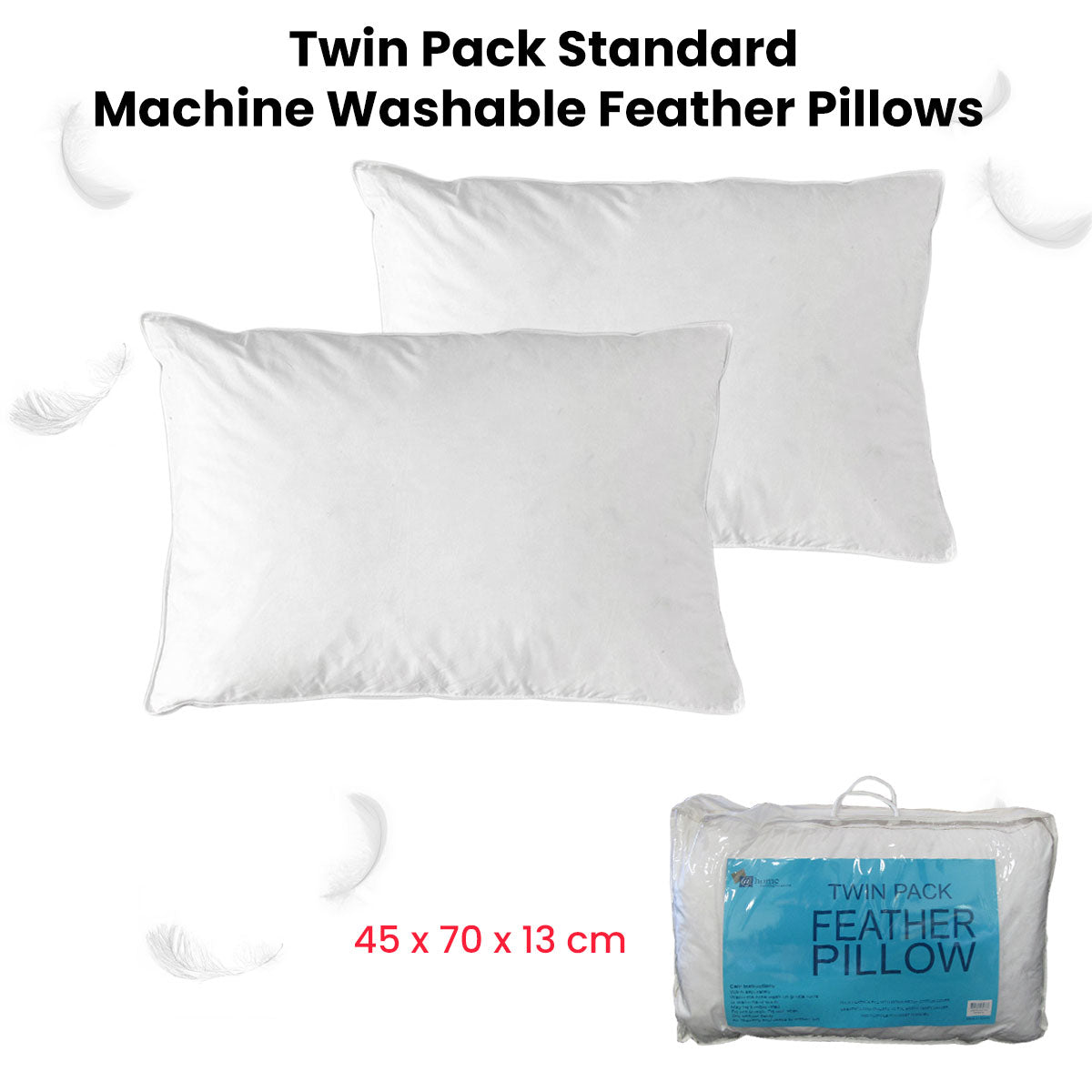 At Home Homewares Pack of 2 Standard Machine Washable Feather Pillows 45 x 70 +13 cm - Image 2