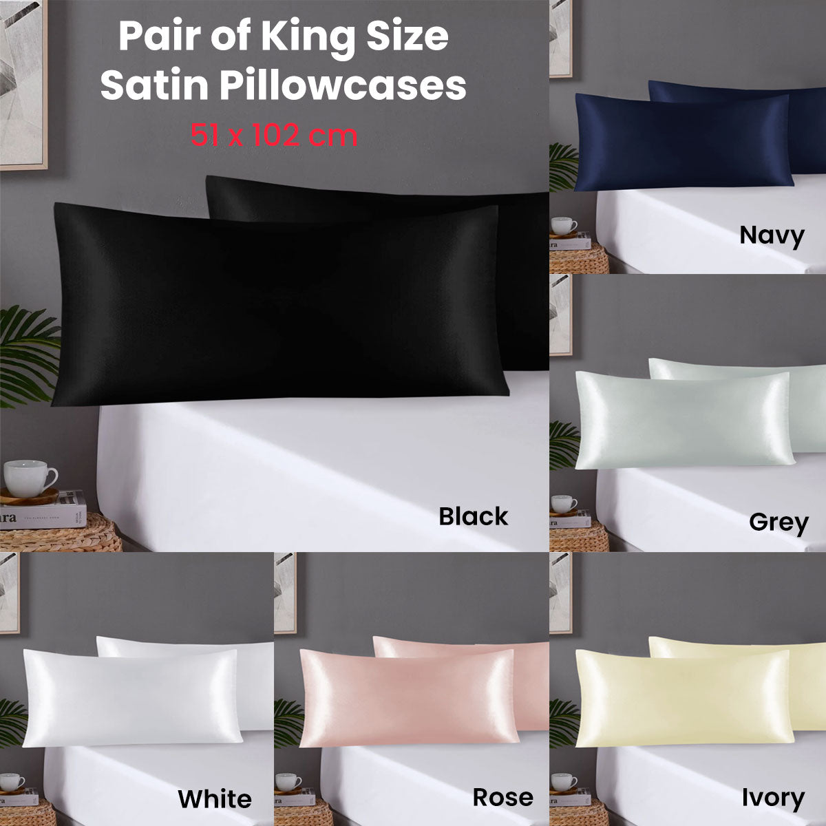 Pair of King Satin Silk Pillowcases with Envelope Closure 51 x 102 cm Grey - Image 2