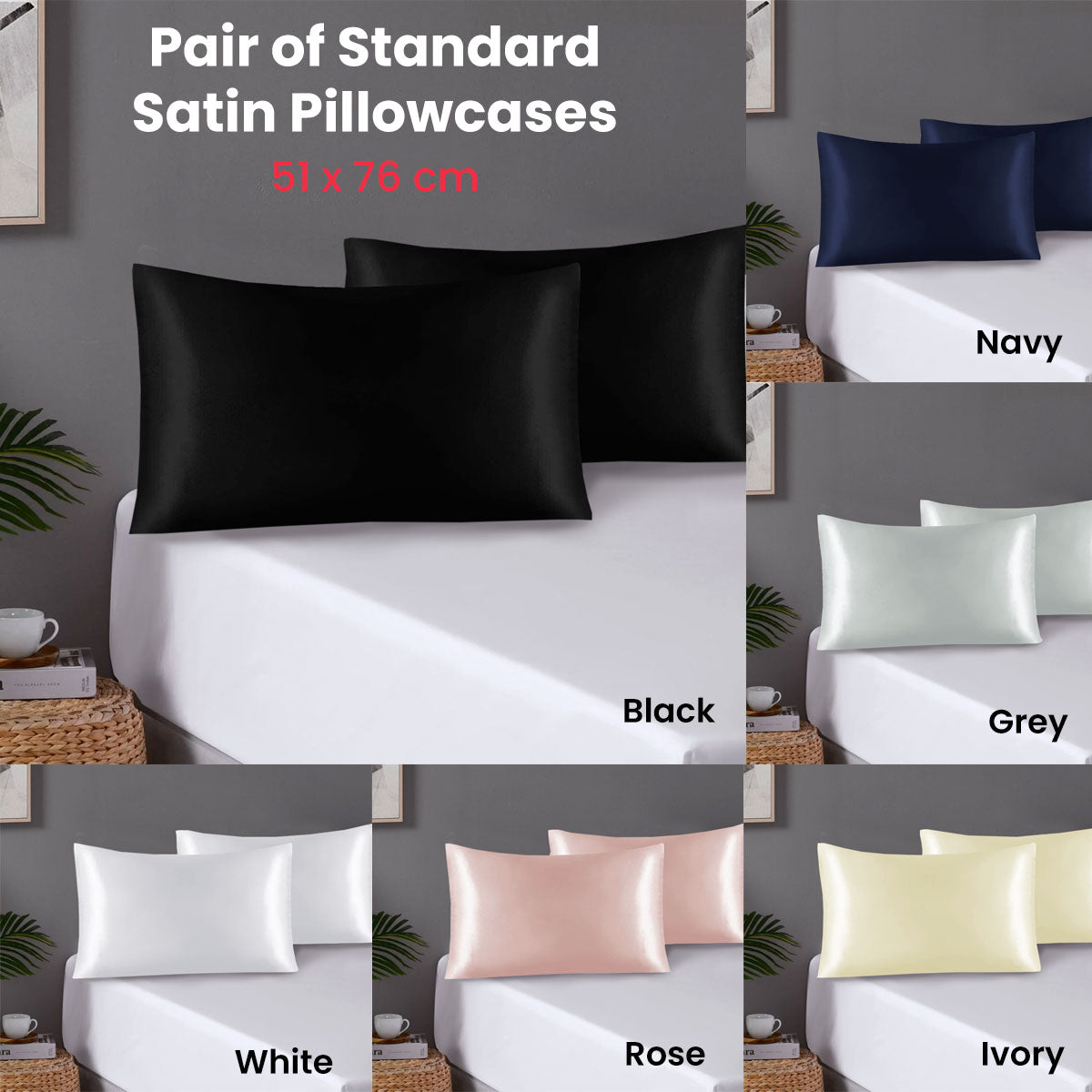 Pair of Standard Satin Silk Pillowcases with Envelope Closure 51 x 76 cm Grey - Image 2