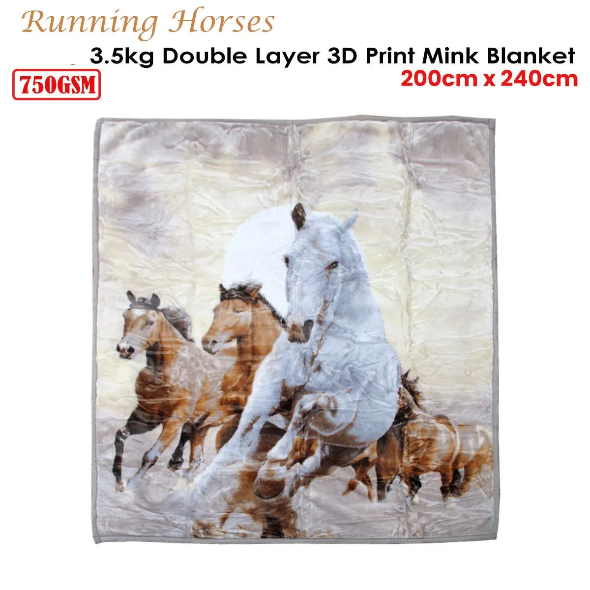 Running Horses 750gsm 3.5kg Double Layer 3D Print Faux Mink Blanket Queen - Image 2