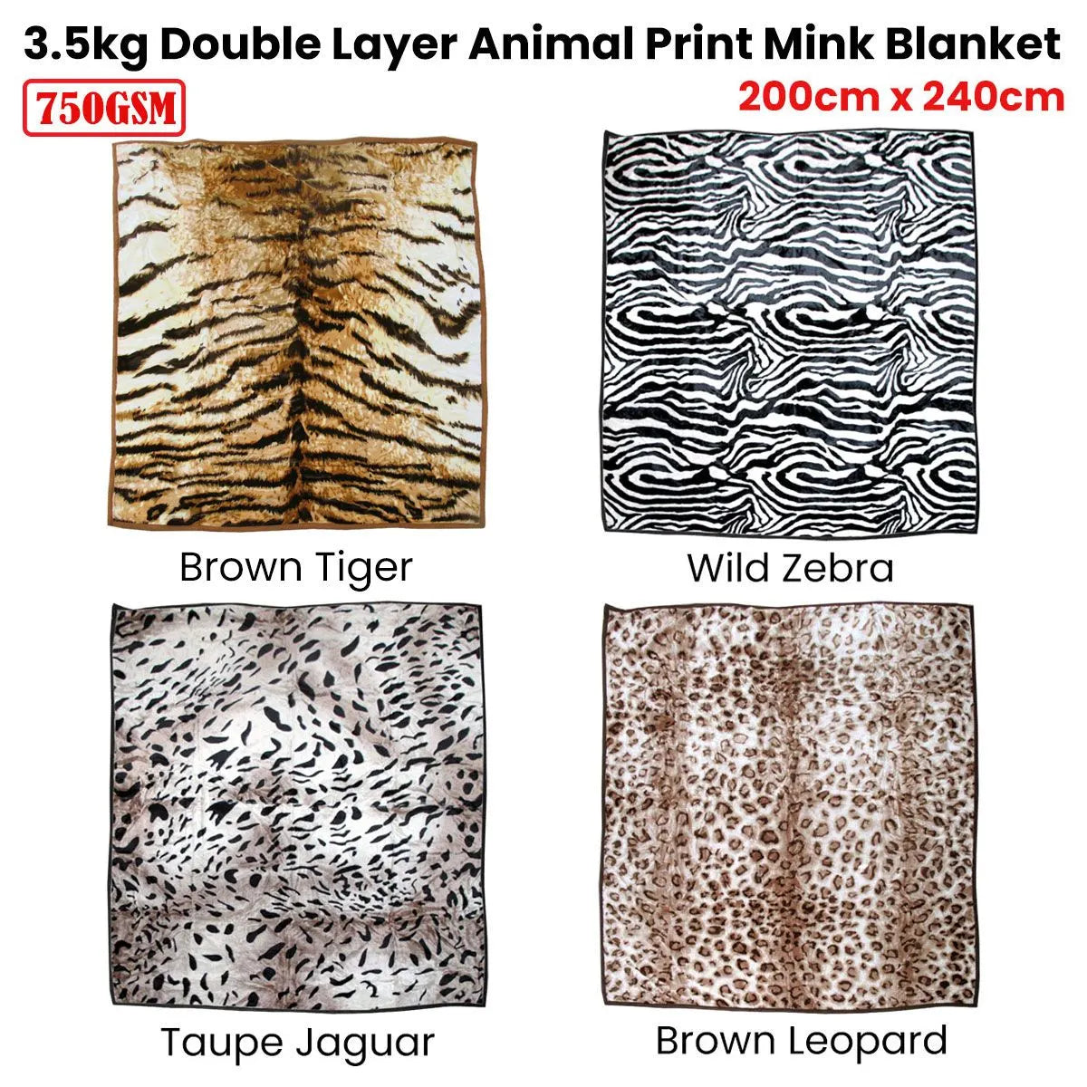 750gsm 3.5kg Double Layer Animal Print Faux Mink Blanket Queen 200x240 cm Brown Tiger - Image 2