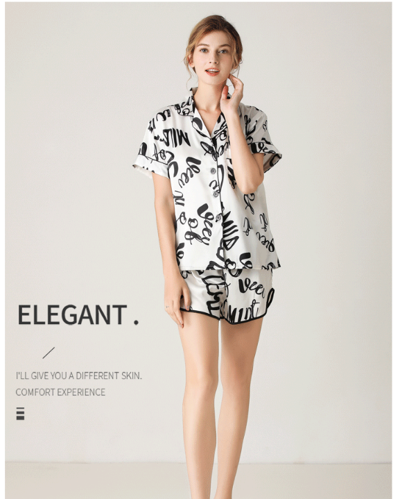 Woman Sleepwear Home Wear Short Sleeve Sweet Girl White Text Casual Pajamas (M Size) - Image 2