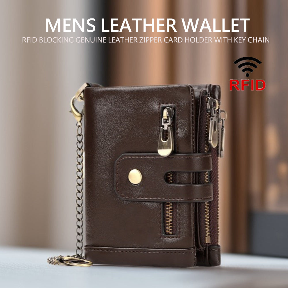 Men's Genuine Leather Wallet RFID Blocking Retro Bifold Zipper Card Holder with Key Chain - Image 2