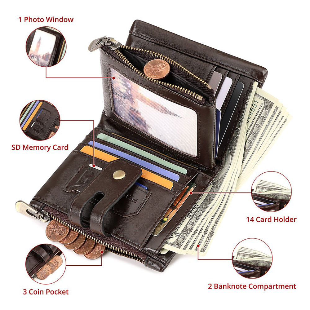Men's Genuine Leather Wallet RFID Blocking Retro Bifold Zipper Card Holder with Key Chain - Image 3