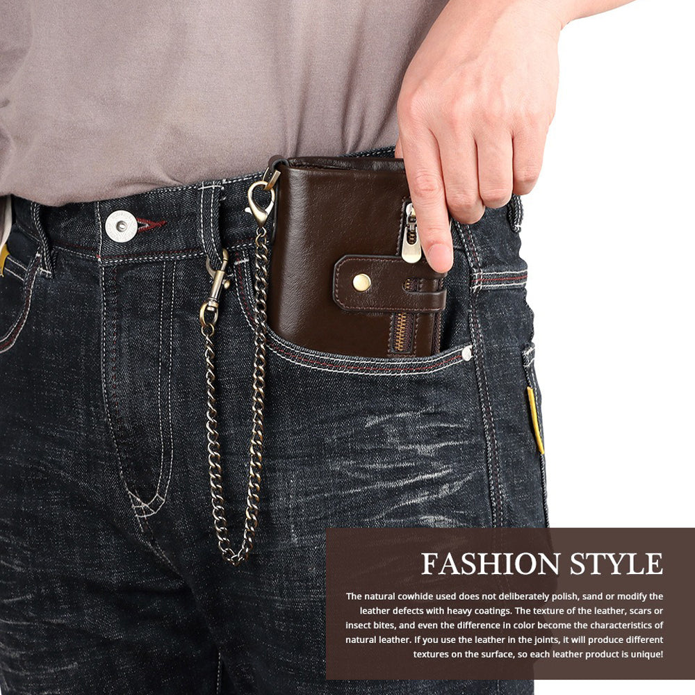 Men's Genuine Leather Wallet RFID Blocking Retro Bifold Zipper Card Holder with Key Chain - Image 4