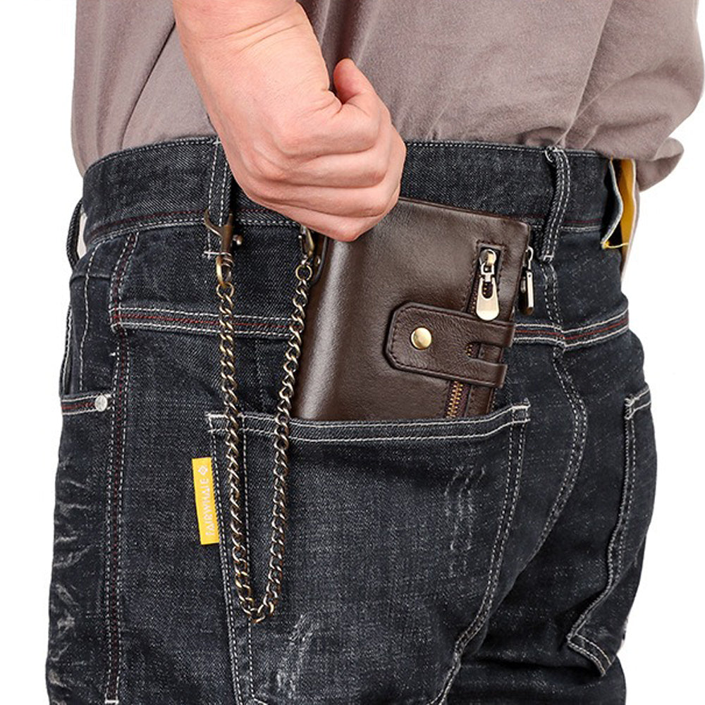 Men's Genuine Leather Wallet RFID Blocking Retro Bifold Zipper Card Holder with Key Chain - Image 5