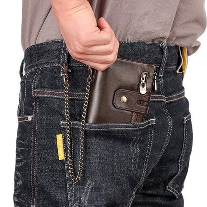 Men's Genuine Leather Wallet RFID Blocking Retro Bifold Zipper Card Holder with Key Chain - Image 5