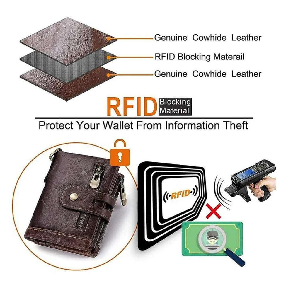 Men's Genuine Leather Wallet RFID Blocking Retro Bifold Zipper Card Holder with Key Chain - Image 6
