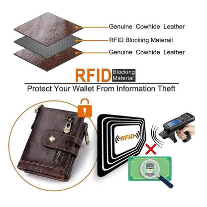 Men's Genuine Leather Wallet RFID Blocking Retro Bifold Zipper Card Holder with Key Chain - Image 6