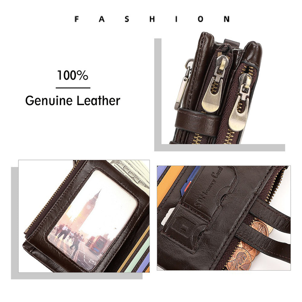 Men's Genuine Leather Wallet RFID Blocking Retro Bifold Zipper Card Holder with Key Chain - Image 7