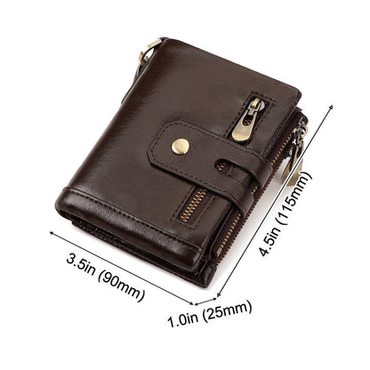 Men's Genuine Leather Wallet RFID Blocking Retro Bifold Zipper Card Holder with Key Chain - Image 8