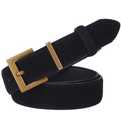 Women's Genuine Suede Leather Belt Classic Pin Buckle Cowhide Belts (Black)