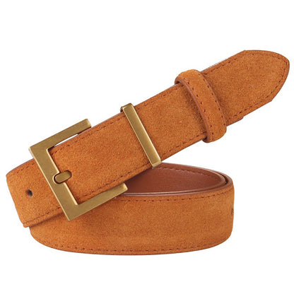 Women's Genuine Suede Leather Belt Classic Pin Buckle Cowhide Belts (Brown)
