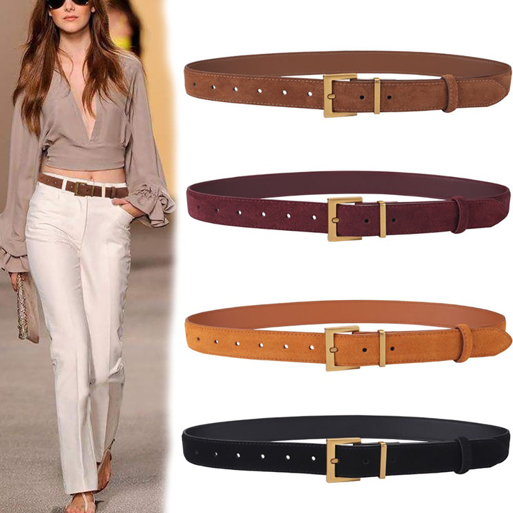 Women's Genuine Suede Leather Belt Classic Pin Buckle Cowhide Belts (Brown) - Image 2
