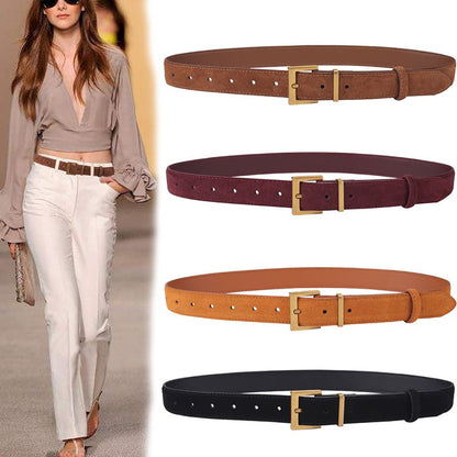 Women's Genuine Suede Leather Belt Classic Pin Buckle Cowhide Belts (Brown) - Image 2