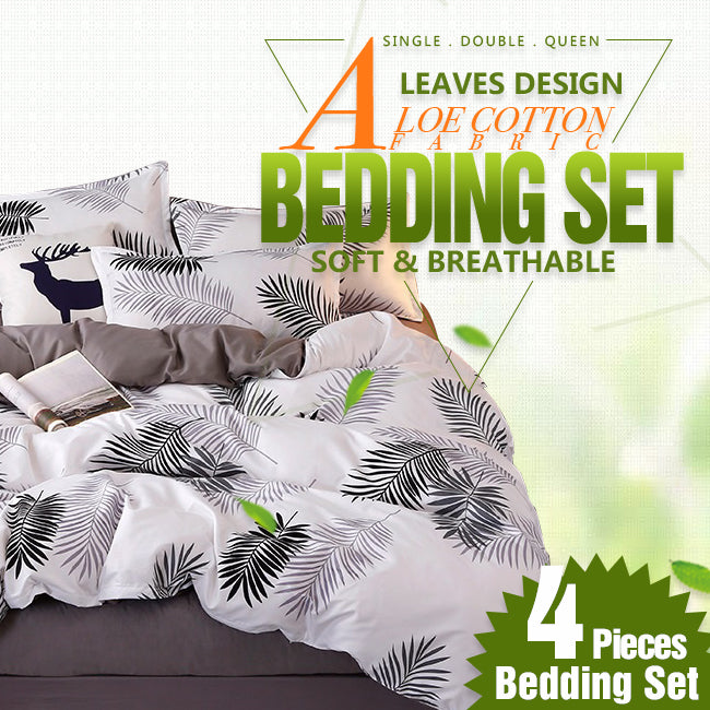 Palm Leaves Pattern Aloe Cotton Flat Sheet Quilt Cover Pillowcases 4pcs Bedding Set (King) - Image 2