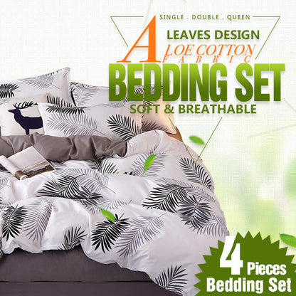 Palm Leaves Pattern Aloe Cotton Flat Sheet Quilt Cover Pillowcases 4pcs Bedding Set (King) - Image 2