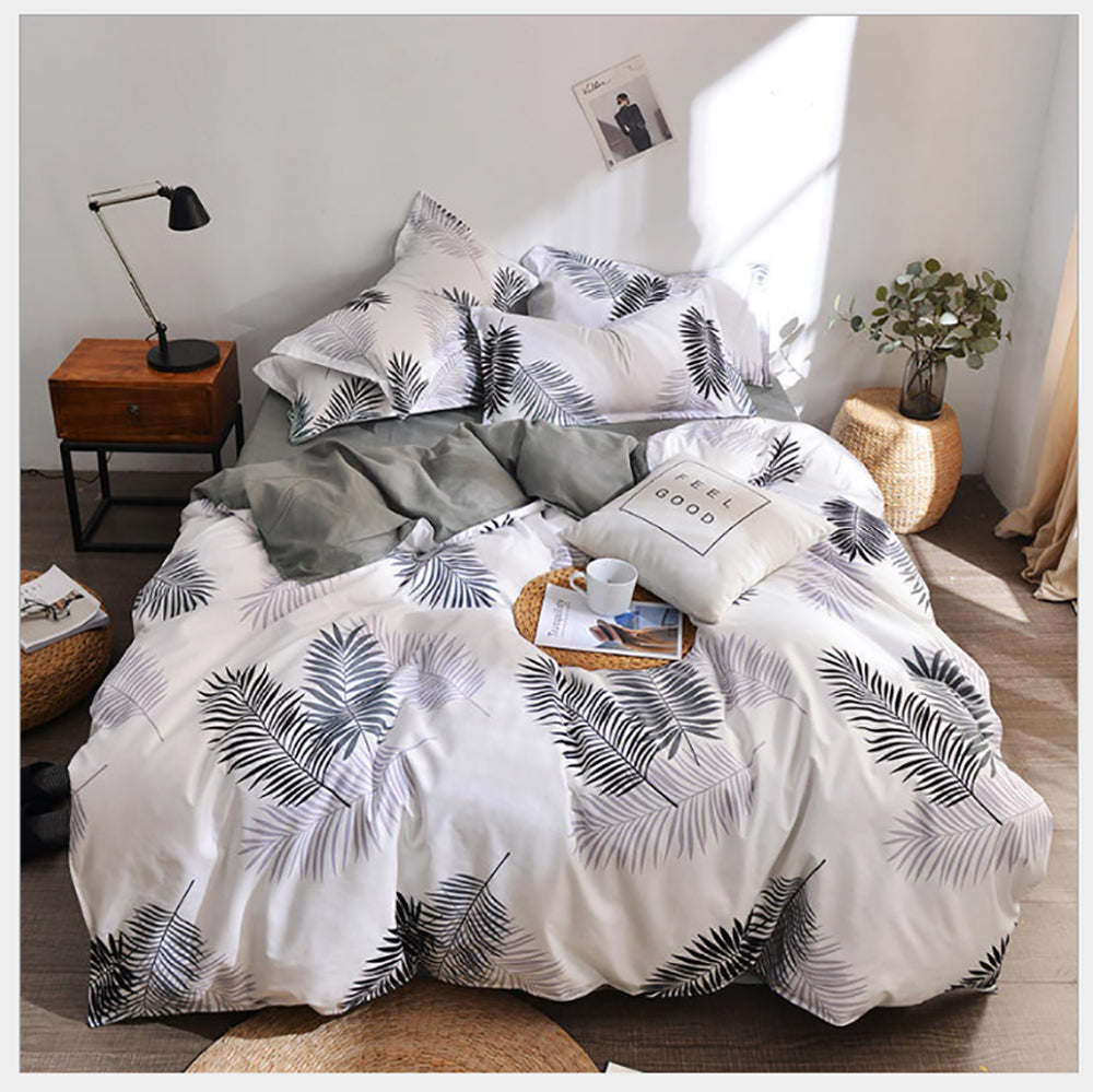 Palm Leaves Pattern Aloe Cotton Flat Sheet Quilt Cover Pillowcases 4pcs Bedding Set (King) - Image 3