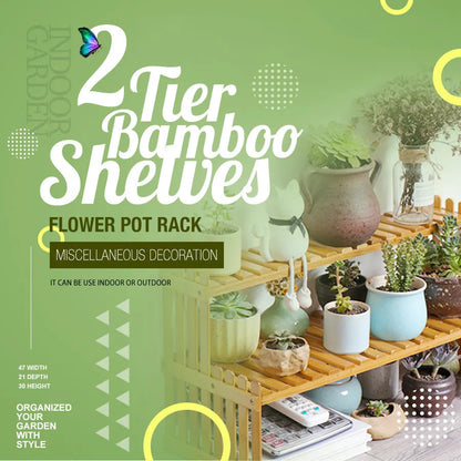 2 Tier Bamboo Plant Stand Shelves Flower Pot Rack Garden Indoor Outdoor Patio - Image 2