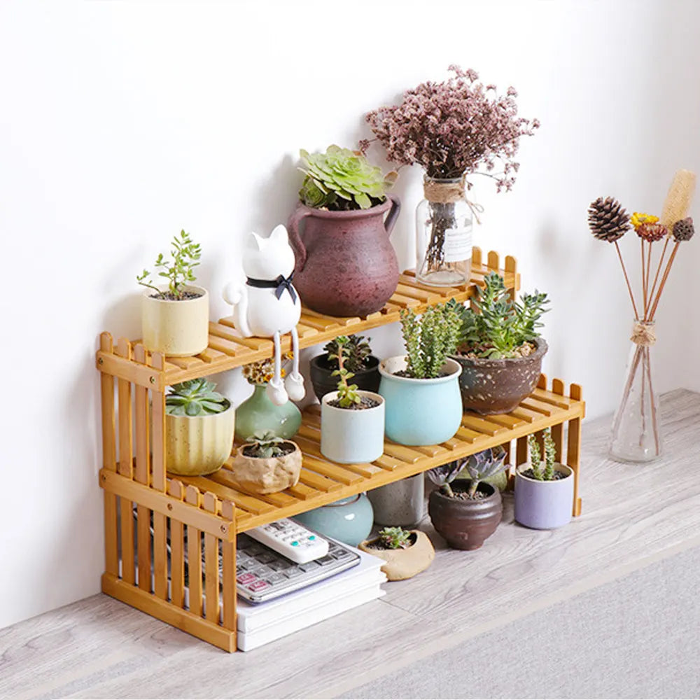 2 Tier Bamboo Plant Stand Shelves Flower Pot Rack Garden Indoor Outdoor Patio - Image 3